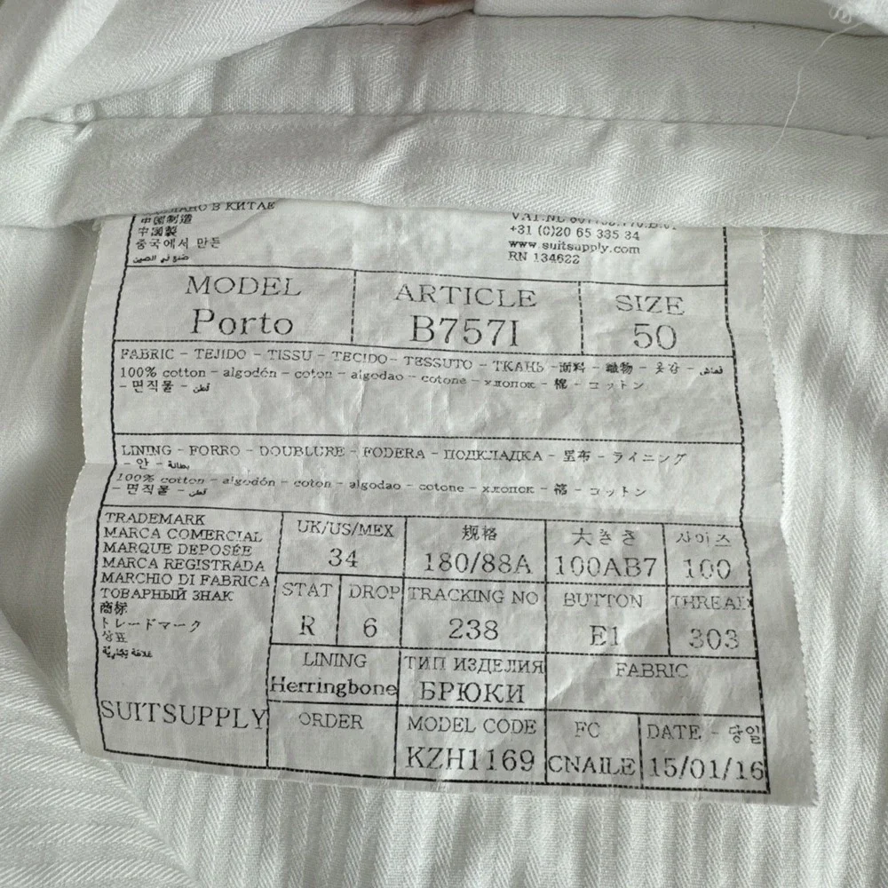 Suitsupply Porto Mens White Cotton Chino Pants Trousers fits 33*26 Preppy Cruise